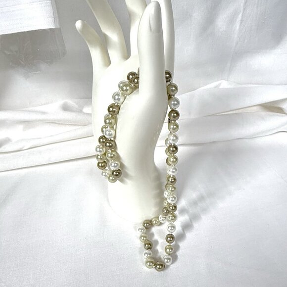 Faux Glass Pearl Necklace White Taupe 22" .925 Clasp - Picture 3 of 7